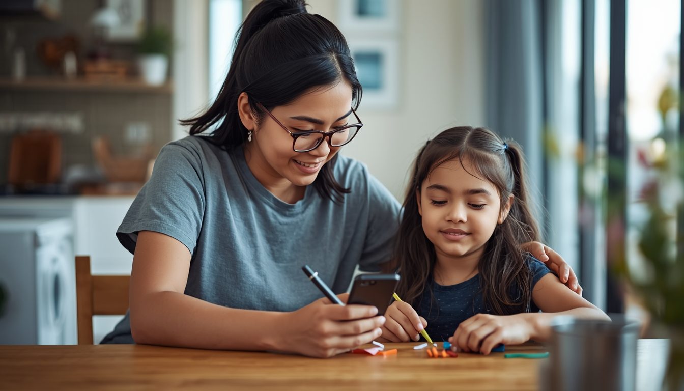 A Pacific Islander support worker writes care notes on a smartphone while sitting beside a young adult with a disability at a kitchen table in a bright New Zealand home.