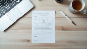 A printed PDF care report document on a wooden desk beside a laptop and coffee cup, representing a structured disability care diary export ready for a NASC assessment or funding review.