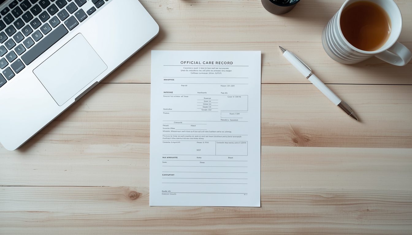 A printed PDF care report document on a wooden desk beside a laptop and coffee cup, representing a structured disability care diary export ready for a NASC assessment or funding review.
