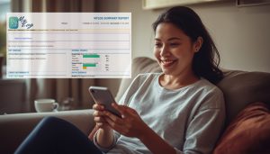 A New Zealand woman sits on her couch smiling at her phone with quiet relief, a cup of tea beside her - representing a carer who has just logged an entry in MyLog and looking at a PDF SUmmary - feels on top of her whānau's care records.