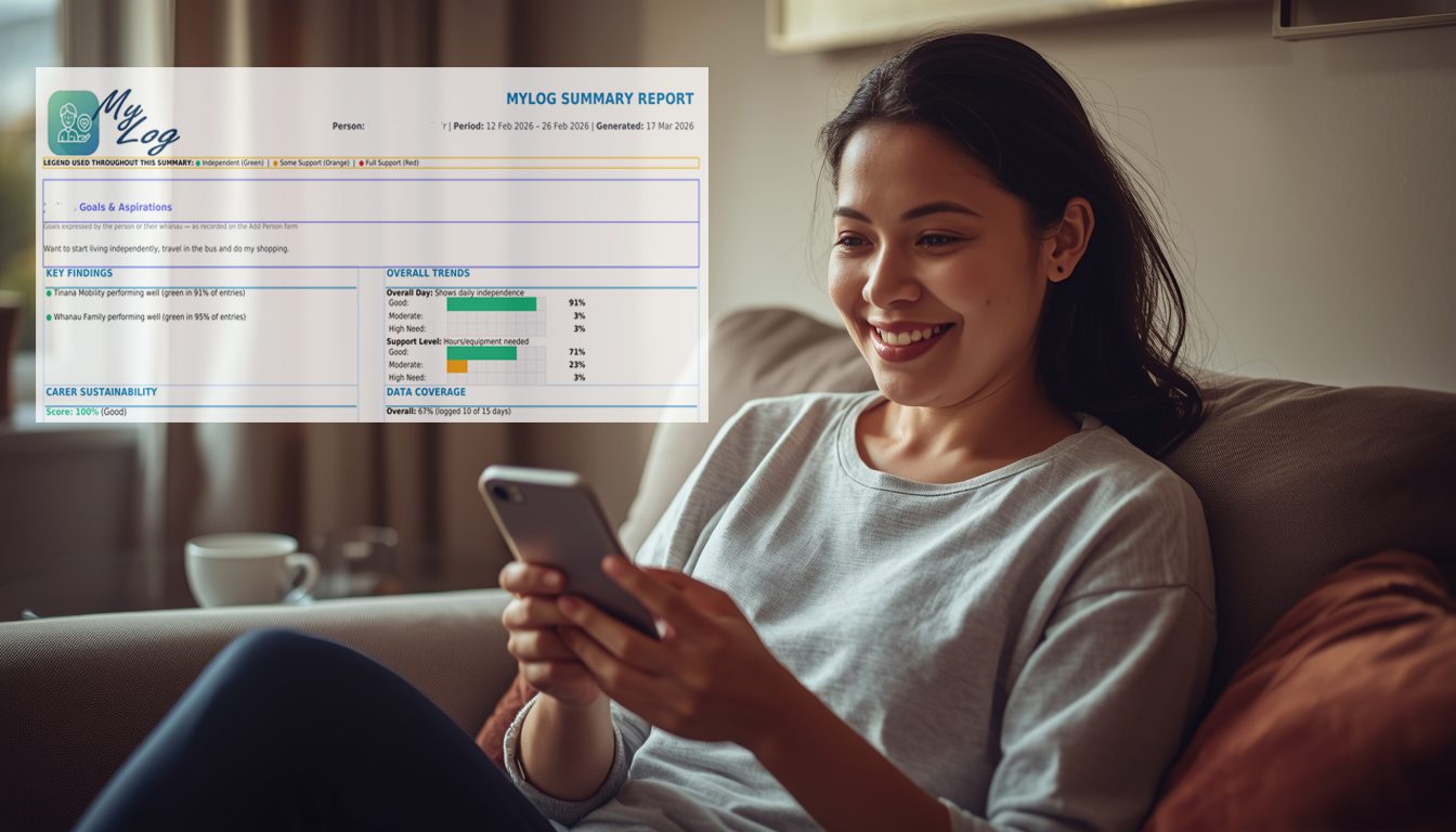 A New Zealand woman sits on her couch smiling at her phone with quiet relief, a cup of tea beside her - representing a carer who has just logged an entry in MyLog and looking at a PDF SUmmary - feels on top of her whānau's care records.